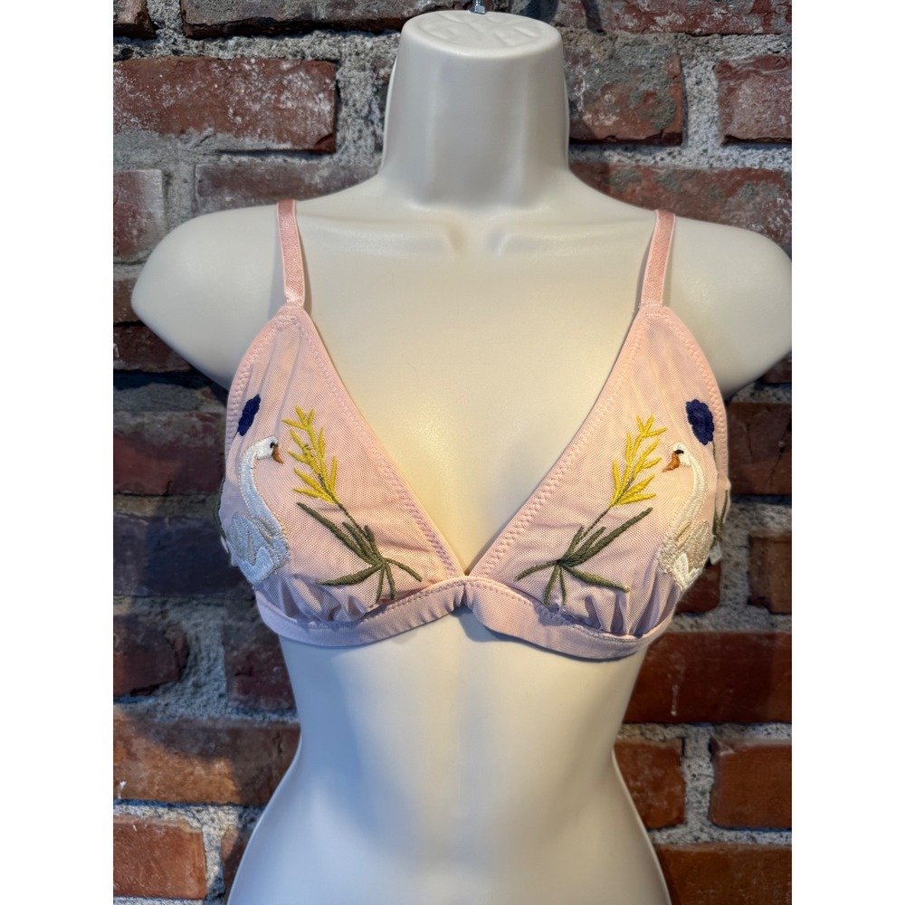 Anthropologie LyreBird Bralette Size S Pink Mesh Swan Embroidery Lingerie NWT